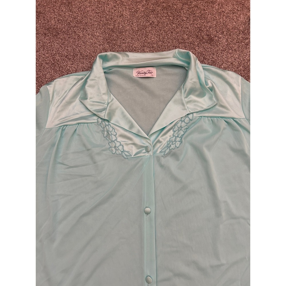 Vanity Fair Pajama Top Womens L Blue Excellent Vintage Nylon Button Front USA